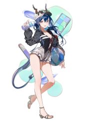 Rule 34 | 1girl, arknights, ball, bare legs, baseball cap, beachball, black jacket, blue hair, blue tail, bottle, breasts, ch&#039;en (arknights), ch&#039;en the holungday (arknights), cleavage, collarbone, comiket 106, dragon girl, eastern dragon horns, eastern dragon tail, eyewear on head, from side, full body, hair between eyes, hat, high heel sandals, highres, holding, holding ball, holding beachball, holding bottle, horns, horns through headwear, jacket, long hair, long sidelocks, long sleeves, looking at viewer, majiro (mazurka), medium breasts, no socks, open mouth, ponytail, red eyes, sandals, sidelocks, smile, solo, standing, standing on one leg, strappy heels, sunglasses, water bottle, white hat