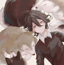 1girl 4others absurdres black_dress black_hair chainsaw_man closed_eyes collared_shirt dress hair_between_eyes highres husky looking_at_viewer looking_up lying multiple_others nayuta_(chainsaw_man) on_back ringed_eyes shirt short_hair simple_background sleeping white_background yellow_eyes yuuwaku06