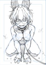 1girl all_fours animal_collar animal_ears bat_ears bat_girl body_freckles borrowed_character breasts clenched_teeth collar freckles highres leash medium_breasts medium_hair messy_hair nude original pet_play round_eyewear sharp_teeth shimimaru sketch squatting teeth tinker_belle_(eisu)