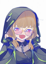 Rule 34 | 1girl, :d, i my mayday, black gloves, black raincoat, black shirt, blunt bangs, brown hair, chain, collared shirt, commentary, fingerless gloves, fishnet top, fishnets, glasses, gloves, hood, hood up, kachimachi kosuzu, link! like! love live!, long sleeves, love live!, low twintails, medium hair, official alternate costume, open clothes, open mouth, pink eyes, pipi (m1x mix), raincoat, round eyewear, shirt, short twintails, sidelocks, simple background, smile, solo, symbol-only commentary, twintails, upper body, virtual youtuber, white background, yellow-framed eyewear