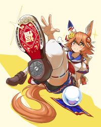 +_+ 1girl absurdres ass backpack bag bare_shoulders bike_shorts blue_skirt breasts brown_shoes charm_(object) closed_mouth clover_hair_ornament commentary_request daruma_doll ear_covers flipped_hair four-leaf_clover_hair_ornament hair_between_eyes hair_ornament highres horseshoe koishi_chikasa leg_up loafers maneki-neko matikanefukukitaru_(umamusume) medium_breasts orange_hair orb pleated_skirt ribbon-trimmed_thighhighs ribbon_trim school_uniform serafuku shoe_soles shoes single_ear_cover skirt smile solo thighhighs umamusume v-shaped_eyebrows white_thighhighs yellow_eyes