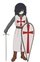 1girl armor bags_under_eyes black_cat03 black_hair boots brown_boots chainmail full_body green_eyes hair_over_one_eye highres holding holding_sword holding_weapon knight knights_templar kuroki_tomoko medieval messy_hair shield simple_background solo sword templar watashi_ga_motenai_no_wa_dou_kangaetemo_omaera_ga_warui! weapon white_background