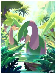 absurdres animal_focus banana border creatures_(company) food forest fruit game_freak gen_3_pokemon highres nature nintendo no_humans open_mouth outdoors partially_submerged pokemon pokemon_(creature) sakanagi_(a_r_co) sunlight tree tropius water white_border