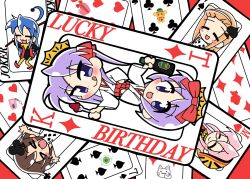 6+girls blue_hair blush bonta-kun bottle box brown_hair card cellphone clock club_(shape) crown fish food fork fruit glasses happy happy_birthday heart heart-shaped_box highres hiiragi_kagami hiiragi_tsukasa holding holding_bottle holding_fork izumi_konata japanese_clothes jester kusakabe_misao lucky_star mada_shichiji miko minegishi_ayano multiple_girls nyamou orange_hair phone pink_hair playing_card purple_hair red_background siblings sisters smile spade_(shape) strawberry takara_miyuki twins twintails