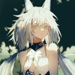 1girl animal_ears anpoai arknights bare_shoulders black_background bright_pupils chinese_commentary chromatic_aberration colored_eyelashes commentary_request flower green_eyes grey_hair hair_between_eyes highres holding holding_flower long_hair official_alternate_costume parted_lips rosmontis_(arknights) rosmontis_(become_anew)_(arknights) solo spaghetti_strap upper_body white_flower white_pupils