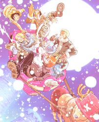 2girls 4boys animated animated_gif black_hair blonde_hair blue_hair boots christmas cigarette drum_island gloves green_hair hair_over_one_eye hand_on_headwear hat jacket mittens monkey_d._luffy multiple_boys multiple_girls nami_(one_piece) nefertari_vivi night one_piece orange_hair outdoors plaid_clothes plaid_jacket reindeer roronoa_zoro sanji_(one_piece) scarf sky sleigh smoking snow snowing straw_hat tony_tony_chopper usopp x_(symbol)