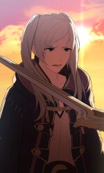 1girl black_robe brown_eyes collarbone commentary english_commentary falchion_(fire_emblem) fire_emblem fire_emblem_awakening gradient_sky highres hooded_robe long_hair nintendo open_clothes open_robe orange_sky outdoors parted_lips purple_sky robe robin_(female)_(fire_emblem) robin_(fire_emblem) shirt sky solo sunset swept_bangs twintails vibratix white_hair white_shirt
