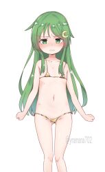 1girl 702_(naotsu) bikini blush clenched_hands crescent crescent_hair_ornament flat_chest gluteal_fold gold_bikini green_eyes green_hair hair_ornament highres kantai_collection loli long_hair looking_at_viewer micro_bikini nagatsuki_(kancolle) nose_blush sidelocks simple_background solo swimsuit twitter_username white_background