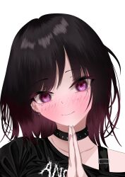 Rule 34 | 1girl, black choker, black hair, black shirt, blush, choker, closed mouth, commentary request, ear piercing, gradient hair, hair behind ear, hands up, head tilt, highres, linked piercing, multicolored hair, original, own hands together, piercing, portrait, purple eyes, purple hair, shirt, simple background, single off shoulder, solo, spiked choker, spikes, straight-on, upper body, white background, yuuxmm v