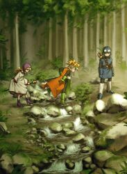 1girl 2boys belt black_bodysuit blonde_hair blue_eyes blue_gloves blue_tunic bodysuit boots cape closed_mouth cousins dragon_quest dragon_quest_ii from_side full_body gloves goggles goggles_on_headwear green_boots green_gloves green_tabard hat high_heel_boots high_heels highres holding holding_staff hood long_hair looking_at_another multiple_boys nature nogo_(nogo_059) orange_cape outdoors prince prince_of_lorasia prince_of_samantoria princess princess_of_moonbrook purple_boots purple_hood river robe rock staff standing sword sword_on_back tabard tree tunic turtleneck turtleneck_bodysuit walking water weapon weapon_on_back white_robe