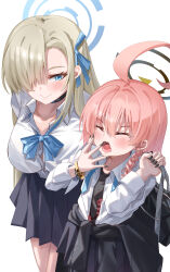 2girls absurdres ahoge arms_behind_back asuna_(blue_archive) asuna_(school_uniform)_(blue_archive) bag black_bag black_jacket black_nails black_shirt blonde_hair blue_archive blue_bow blue_eyes blue_skirt blush bow bracelet braid breasts closed_eyes closed_mouth fang floral_print hair_between_eyes hair_over_one_eye highres holding holding_bag huge_ahoge jacket jewelry large_breasts long_hair looking_at_another mahoro_(minase_mahoro) multiple_bracelets multiple_girls neru_(blue_archive) neru_(school_uniform)_(blue_archive) official_alternate_costume open_mouth pleated_skirt red_hair shirt sidelocks single_braid skin_fang skirt smile white_shirt yawning