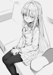 1girl blazer bow bowtie breasts closed_mouth couch curled_fingers cushion dress_shirt eyes_visible_through_hair from_above greyscale hands_on_own_knees highres jacket light_smile long_bangs long_hair looking_at_viewer looking_up miniskirt monochrome on_couch original own_hands_together pantyhose plaid_clothes plaid_skirt pleated_skirt puyo_(puyotopia) school_uniform shirt sidelocks sitting skirt small_breasts very_long_hair