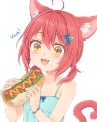 1girl :3 absurdres ahoge animal_ear_fluff animal_ears blue_dress cat_ears cat_girl cat_tail commentary_request dress fangs food food_on_face hair_ornament highres holding hot_dog nirunirin open_mouth original red_hair russian_commentary short_hair solo tail upper_body white_background yellow_eyes