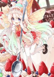1girl apron blue_eyes bow bowtie butterfly_wings cake elbow_gloves fairy female_focus food fruit gloves gradient_hair green_hair hairband holding insect_wings lolita_hairband long_hair mini_person minigirl miniskirt multicolored_hair naka_akira open_mouth original pink_hair purple_eyes shoes skirt smile solo spoon strawberry thighhighs very_long_hair white_gloves white_hair white_thighhighs wings