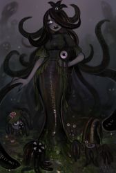 1girl :d absurdres artist_collaboration artist_name black_hair black_nails carrying carrying_under_arm colored_sclera colored_skin commentary creature dress english_commentary fingernails full_body grey_sclera grey_skin hair_over_one_eye highres leech leech_girl leech_queen_(matilda_fiship) lily_pad long_fingernails looking_at_viewer matilda_fiship monster_girl nail_polish open_mouth original sharp_fingernails sharp_teeth short_sleeves smile solo standing teeth tentacle_hair tentacles white_eyes