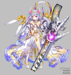 1girl bare_shoulders boots clothing_cutout copyright_notice detached_sleeves dress female_focus flower frilled_dress frills full_body grey_background gun hair_flower hair_ornament hair_ribbon hand_on_own_hip hand_up huge_weapon jewelry knee_boots long_hair looking_at_viewer mecha_musume navel pink_ribbon red_eyes ribbon silver_hair solo stomach_cutout strelitzia_(x-overd) tiara very_long_hair weapon white_boots white_dress wide_sleeves x-overd yuasa_akira