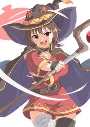 1girl cape commentary highres kono_subarashii_sekai_ni_shukufuku_wo! megumin onabe915 open_mouth red_eyes short_hair simple_background skirt smile staff thighs witch