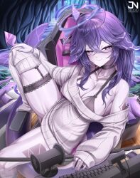 1girl artist_name bikini bikini_under_clothes binaural_microphone black_bikini black_choker body_markings breasts chair choker cleavage closed_mouth collarbone colored_skin computer_keyboard facial_mark fins fish_tail frilled_choker frilled_thigh_strap frills gaming_chair grey_skin hair_between_eyes halo hand_on_own_knee highres indie_virtual_youtuber jewelry jnstudio long_hair megalodon_(vtuber) microphone necklace purple_eyes purple_hair purple_nails ribbed_thighhighs shark_girl shark_tail sleeves_past_wrists smile solo sweater swimsuit swivel_chair tail thigh_strap thighhighs twitter_username virtual_youtuber white_sweater