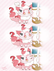 Rule 34 | ..., 1girl, akari (pokemon), artist name, bright pupils, brown shoes, commentary request, highres, hisuian zorua, mugita konomi, nintendo, pink background, pokemon, pokemon (creature), pokemon legends: arceus, shoes, socks, speech bubble, spoken ellipsis, striped background, thick eyebrows, thought bubble, white pupils, white socks, yellow eyes