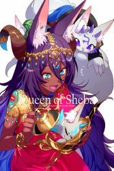 Rule 34 | 1girl, animal ears, aqua eyes, blush, bracelet, breasts, character name, circlet, curled horns, dark-skinned female, dark skin, dress, echo (circa), eyeliner, fate/grand order, fate (series), gold trim, hair between eyes, horns, jackal ears, jewelry, large breasts, long hair, makeup, oil lamp, open mouth, purple hair, queen of sheba (fate), red dress, smile, three enigmas (fate)