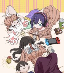 3girls :&lt; aijou_rentarou animal_ear_fluff animal_ears animal_hands bell belt_collar bike_shorts black_hair black_shorts book box box_of_chocolates breasts cat_ears cat_paws cat_tail character_doll closed_eyes closed_mouth collar collarbone covering_face dalidari27 dress fake_animal_ears fake_tail feet_out_of_frame female_focus flipped_hair genderswap genderswap_(ftm) gloves green_eyes hair_between_eyes hair_intakes hair_over_eyes hand_on_own_cheek hand_on_own_face haraga_kurumi headphones highres holding holding_book kakure_meme kimi_no_koto_ga_dai_dai_dai_dai_daisuki_na_100-nin_no_kanojo knees_up large_breasts long_hair long_skirt lying matching_outfits midriff multiple_girls navel neck_bell nekonari_tama nintendo_switch official_alternate_costume on_back on_bed on_stomach open_mouth orange_sweater parted_bangs paw_gloves phone_stand pillow pink_background pink_skirt pringles_can purple_hair ribbed_sweater short_dress short_hair shorts skirt striped_background sweater sweater_dress tail toy_mouse watching_television white_hair yarn yarn_ball yellow_background