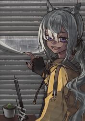 1girl animal_ears arknights bags_under_eyes black_gloves black_nails window_blinds cactus camel_ears coat dark-skinned_female dark_skin fingerless_gloves gloves grey_hair hair_between_eyes highres long_hair long_sleeves looking_at_viewer open_mouth plant ponytail potted_plant purple_eyes rain solo tubuan_(tubuan03) tuye_(arknights) window yellow_coat