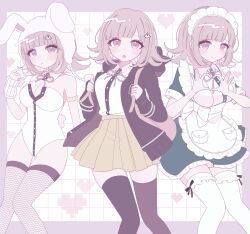 1girl animal_ears apron bare_shoulders blush breasts brown_hair brown_skirt chi_gu cleavage collared_shirt danganronpa_(series) danganronpa_2:_goodbye_despair fake_animal_ears feet_out_of_frame flipped_hair galaga hair_ornament highres jacket large_breasts leotard long_sleeves looking_at_viewer maid maid_headdress medium_hair mole mole_on_breast nanami_chiaki neck_ribbon open_clothes open_jacket pink_eyes pink_ribbon playboy_bunny pleated_skirt rabbit_ears rabbit_tail ribbon shirt short_sleeves skirt smile spaceship_hair_ornament strapless strapless_leotard tail thighhighs two-tone_shirt white_apron white_shirt