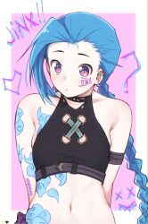 1girl arcane:_league_of_legends arcane_jinx armpit_peek blue_hair braid crop_top earrings flat_chest highres jewelry jinx_(league_of_legends) kuronami616 league_of_legends looking_at_viewer navel ponytail purple_eyes tattoo twin_braids