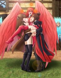 1girl 2futa absurdres breast_sucking dirjiland_(mabinogi) futa_with_female futanari gangbang garter_belt glasses group_sex highres mabinogi multiple_futa nipple_stimulation player_character_(mabinogi) red_hair