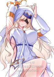 1girl arms_up black_blindfold blindfold blonde_hair breasts commission covered_erect_nipples dress glukglankdraws goblin_slayer! highres holding holding_staff large_breasts long_hair nun polearm sideboob sideless_dress simple_background solo staff sword_maiden swordstaff veil very_long_hair weapon white_background white_dress white_veil
