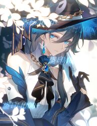 1girl absurdres ascot black_ascot black_gloves black_hair black_hat blue_eyes breasts brooch chain chinese_commentary closed_mouth commentary_request earrings fu_hua glint gloves hair_between_eyes half_gloves hand_up hat highres honkai_(series) honkai_impact_3rd jewelry long_hair low_ponytail ponytail sanseling shirt side_ponytail sleeveless sleeveless_shirt small_breasts solo teardrop_earrings upper_body white_shirt