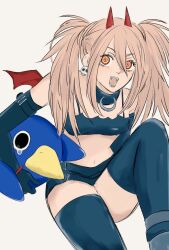Rule 34 | 1girl, bat wings, bird, breasts, carrying, carrying under arm, choker, demon girl, demon horns, demon wings, disgaea, earrings, elbow gloves, etna (disgaea), fangs, gloves, hair between eyes, holding, horns, jewelry, long hair, looking at viewer, midriff, navel, open mouth, penguin, power (chainsaw man), prinny, red eyes, red hair, ringed eyes, sharp teeth, shiina (kazsin0115), short shorts, shorts, simple background, skull earrings, small breasts, smile, solo, tearing up, teeth, thighhighs, twintails, white background, wings