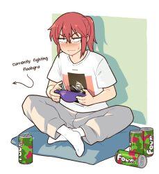 1girl alcohol blush clip_studio_paint_(medium) commission english_text flat_chest four_loko gamecube_controller glasses highres indian_style kobayashi-san_chi_no_maidragon kobayashi_(maidragon) metroid metroid_prime metroid_prime_1 nintendo pants pillow polyphia_(band) ponytail red_hair semi-rimless_eyewear shadow shirt sitting sitting_on_pillow socks solo sweatdrop sweatpants vibrantrida white_shirt white_socks
