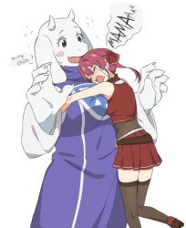 absurdres animal_ears blush english_text flying_sweatdrops furry furry_female goat_ears goat_girl hair_ribbon hat highres hololive horns houshou_marine hug monster_girl multiple_girls open_mouth red_hair ribbon shirt skirt tears thighhighs tomatomagica toriel twintails undertale virtual_youtuber