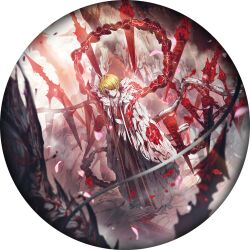 1boy animal_feet blonde_hair chinese_clothes e.g.o_(project_moon) eastern_dragon_horns game_cg hanfu limbus_company looking_at_viewer male_focus nai_ga official_art project_moon red_hanfu robe short_hair sinclair_(project_moon) solo standing tears_of_the_tarnished_blood_(e.g.o) white_robe yellow_eyes zhijupao