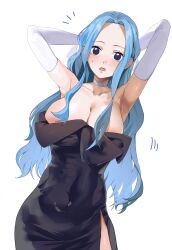 Rule 34 | 1girl, absurdres, armpits, arms behind head, black dress, black eyes, blue hair, blush, breasts, cleavage, collarbone, commentary request, covered navel, dress, eyelashes, highres, korean commentary, large breasts, looking at viewer, nakajima (user111860274), nefertari vivi, one piece, open mouth, simple background, solo, standing, sweat, wavy hair, white background