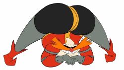 1boy adventures_of_sonic_the_hedgehog ass ass_focus bald black_sclera bodysuit boots colored_sclera creepy dr._eggman evil_grin evil_smile facial_hair fat fat_man full_body gloves grey_gloves grin half-closed_eyes huge_ass jack-o&#039;_challenge lying meme mustache parodiadoranimado red_boots red_eyes red_nose red_shirt sega shirt simple_background smile solo sonic_(series) thick_thighs thighs what white_background