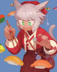 +_+ 1girl absurdres animal_ears bag blue_background blush chopsticks commission drooling fang final_fantasy final_fantasy_xiv food green_eyes grey_hair highres holding holding_chopsticks long_sleeves miqo&#039;te mizuno_(okn66) mole mole_under_mouth nail_polish red_bag red_nails red_skirt saliva skeb_commission skirt solo sparkle sushi sweat tail warrior_of_light_(ff14)