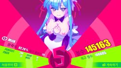 Rule 34 | 1girl, bare shoulders, black bow, black sleeves, black thighhighs, blue hair, blunt bangs, blush, bow, braid, breasts, bright pupils, cleavage, closed mouth, commentary, detached collar, detached sleeves, embarrassed, frills, green background, hair bow, hair ribbon, hand on own chest, highres, korean text, large breasts, long sleeves, looking at viewer, lysosomy, maid, maid headdress, marija (maid) (muse dash), marija (muse dash), muse dash, nude, pleated skirt, purple background, purple eyes, red ribbon, ribbon, sidelocks, skindentation, skirt, solo, sweatdrop, thighhighs, white pupils