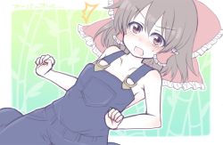 ^^^ alternate_costume bare_arms bare_shoulders blush bow breasts brown_hair d: d:&lt; embarrassed hair_bow hair_tubes hakurei_reimu large_bow looking_at_viewer medium_hair naked_overalls open_mouth overalls red_eyes shiohachi small_breasts solo surprised sweat touhou v-shaped_eyebrows wild_and_horned_hermit