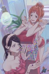 2girls alternate_costume bare_shoulders black_hair blue_eyes brown_eyes dice earrings food fruit hair_bun hairband heart heart_earrings highres holding holding_dice indoors jewelry light_bulb long_hair mandarin_orange multiple_girls nami_(one_piece) nico_robin nsgw one_piece open_mouth orange_hair short_sleeves single_hair_bun smile teeth vending_machine