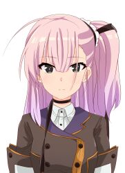 Rule 34 | 1girl, absurdres, black choker, brown jacket, choker, closed mouth, collared shirt, commentary request, expressionless, grey eyes, hair ribbon, highres, jacket, long hair, long sleeves, looking at viewer, mashitono desu, one side up, origami family&#039;s elite guard uniform, pink hair, pink pupils, ribbon, shirt, simple background, solo, striped clothes, striped shirt, toji no miko, tsubakuro yume, upper body, white background, white shirt