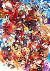 antique_firearm armored_boots arquebus asymmetrical_clothes belt black_bodysuit black_cape black_gloves bodysuit boots brother_and_sister cake cape chain cloak collared_cape crest family_crest fate/grand_order fate_(series) fiery_hair fingerless_gloves firearm food gloves gun hair_between_eyes hair_over_one_eye hat headphones headphones_around_neck highres katana long_hair medallion military_hat mini_nobu_(fate) multiple_persona oda_kippoushi_(fate) oda_nobukatsu_(fate) oda_nobunaga_(fate) oda_nobunaga_(maou_avenger)_(fate) oda_uri peaked_cap popped_collar red_cape red_cloak red_eyes red_hair rocket siblings single_sleeve smile strawberry_cake sword tight_top trap twitter_username very_long_hair weapon yui_(tamagohan)