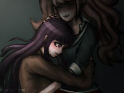 2girls blush crying crying_with_eyes_open danganronpa:_trigger_happy_havoc danganronpa_(series) danganronpa_2:_goodbye_despair enoshima_junko estellexe female_focus fingernails gradient_background hand_on_another&#039;s_head highres hug long_hair long_sleeves multiple_girls nail_polish necktie open_mouth purple_eyes purple_hair red_necktie short_sleeves simple_background tears tsumiki_mikan upper_body yuri
