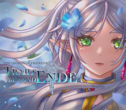 1girl artist_name blue_flower close-up commentary cover earrings eiyuu_densetsu english_commentary eyelashes fake_cover floating_earring flower frieren gold_trim green_eyes hair_flower hair_ornament hajimari_no_kiseki harukahoshimi highres jewelry long_hair looking_at_viewer nemophila_(flower) parted_bangs parted_lips petals solo sousou_no_frieren twitter_username upper_body video_game_cover white_hair