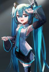 1girl :d aqua_eyes aqua_hair aqua_nails aqua_necktie arm_up bare_shoulders black_skirt black_sleeves black_thighhighs detached_sleeves feet_out_of_frame frilled_shirt frills grey_shirt hair_between_eyes hair_ornament hand_up hatsune_miku highres jaihu long_hair looking_at_viewer nail_polish necktie open_mouth pleated_skirt shirt skirt smile solo teeth thighhighs tie_clip twintails upper_teeth_only very_long_hair vocaloid zettai_ryouiki