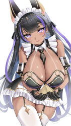 Rule 34 | 1girl, absurdres, animal ears, azur lane, bent over, between breasts, bikini, bikini tan, black gloves, black hair, blush, breasts, buko (bukosuki), cleopatra (azur lane), commentary request, commission, dark-skinned female, dark skin, earrings, garter straps, gloves, heart, heart-shaped pupils, highres, huge breasts, jackal ears, jackal girl, jewelry, leaning forward, looking at viewer, maid, multicolored hair, necktie, necktie between breasts, pixiv commission, purple streaks, simple background, solo, strapless, strapless bikini, streaked hair, swimsuit, symbol-shaped pupils, tan, tanline, thighhighs, thighs, wet, white background, white thighhighs