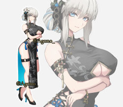 Rule 34 | 1girl, absurdres, black dress, blue eyes, blush, breasts, center opening, china dress, chinese clothes, cleavage, cleavage cutout, closed mouth, clothing cutout, curvy, dress, fate/grand order, fate (series), full body, grey hair, highres, huge breasts, long hair, looking at viewer, morgan le fay (fate), nipples, pelvic curtain, revealing clothes, shibao aoyama, side slit, simple background, sleeveless, sleeveless dress, smile, solo, thick thighs, thighs, white background