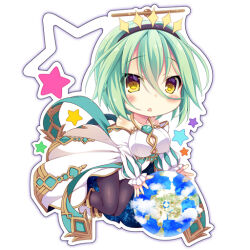 Rule 34 | 1girl, black thighhighs, breasts, chibi, cleavage, emil chronicle online, green hair, halo, holding planet, large breasts, open mouth, origin (emil chronicle online), planet, thighhighs, white background, yellow eyes, yumemiya subaru