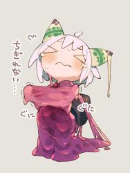 &gt;_&lt; 1girl ahoge blush chuno_(poym) closed_mouth commentary covered_in_slime facing_viewer frown full_body furrowed_brow grey_background highres kneeling leucochloridium_paradoxum original short_eyebrows simple_background slime_(substance) slimy snail_girl snail_shell solo struggling symbol-only_commentary tearing_up translated trapped trembling white_hair